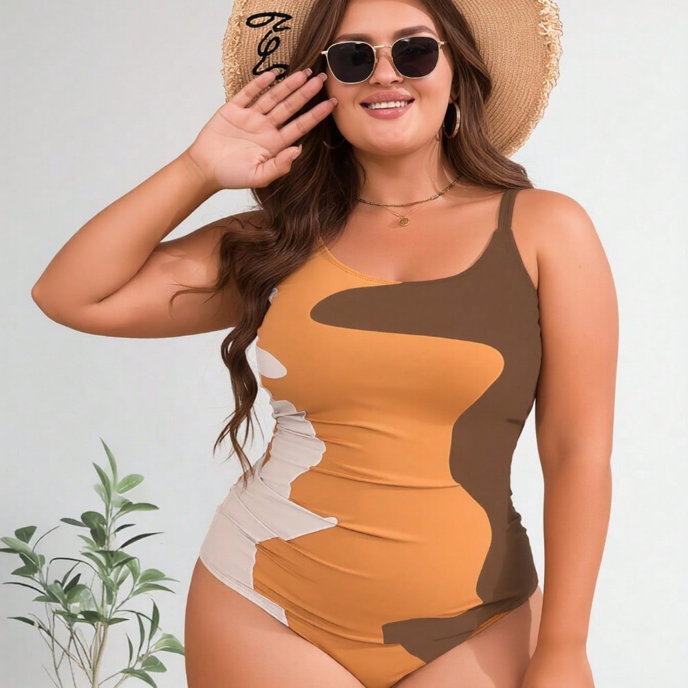 2026 New Women's Plus Size One-Piece Swimsuit: Earth Tone Abstract Color Block with Side Ruched