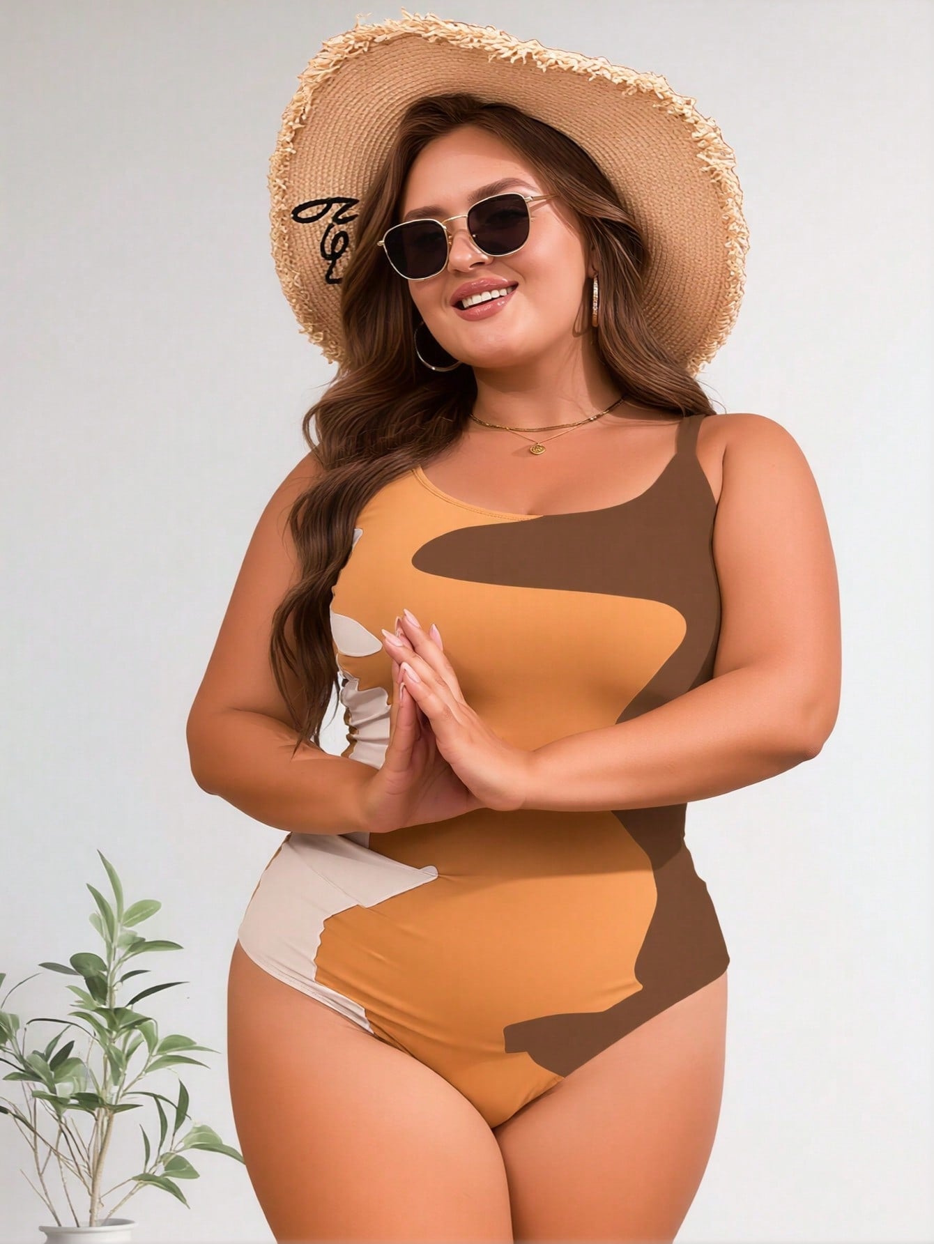 2026 New Women's Plus Size One-Piece Swimsuit: Earth Tone Abstract Color Block with Side Ruched