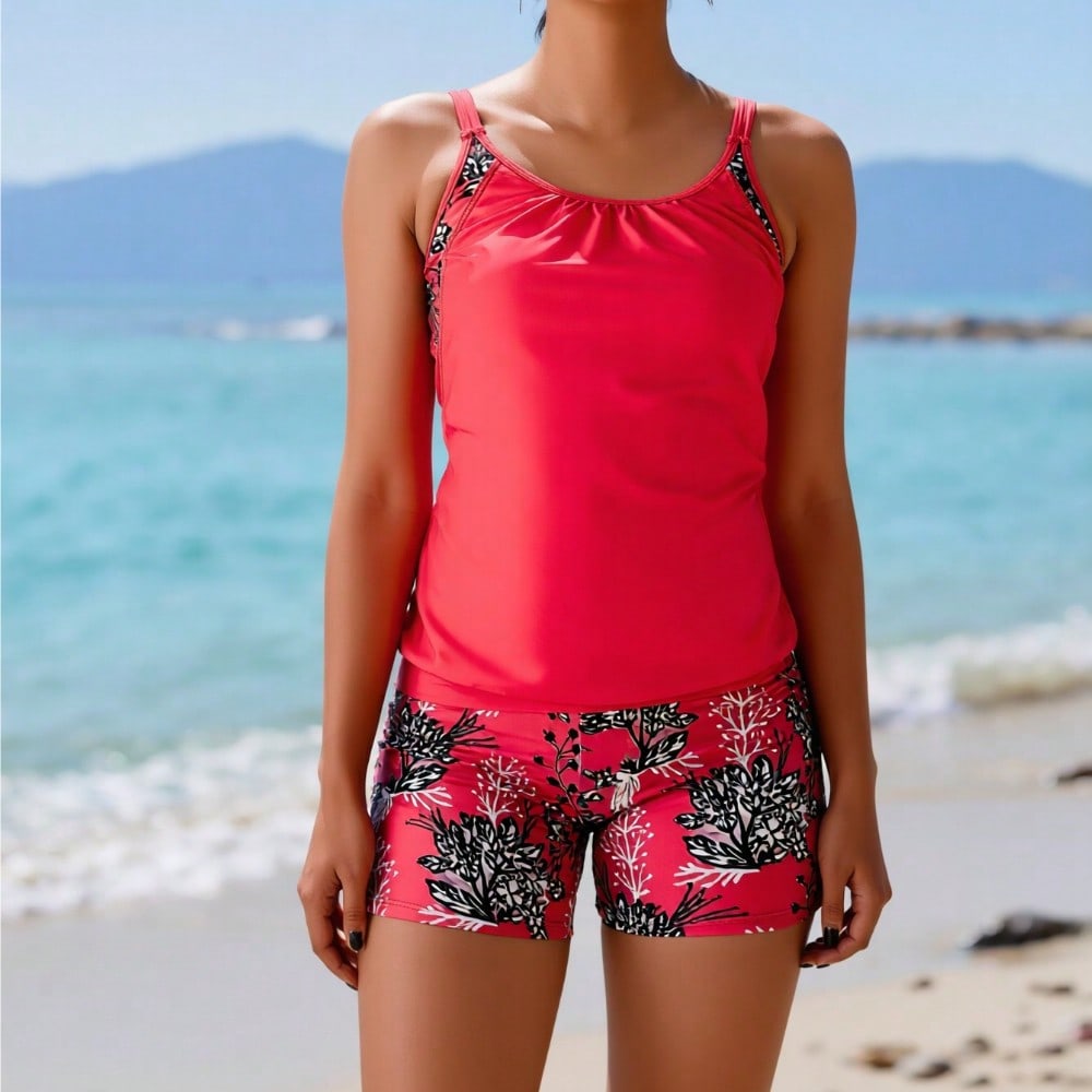 2026 New Women's Sexy Fashion Bright Red Print Patchwork Tummy-Control Two-Piece Boyleg Swimsuit For Vacation & Leisure Swimwear