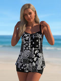 2026 New Women's Tankini: Black with White Floral Print Thin Strap Tank with Black Boyleg Bottoms