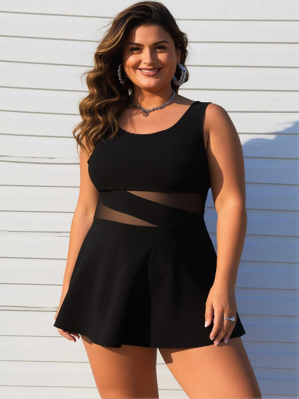 2026 New Women's Plus Size Swimdress: Black with Sheer Mesh Cutout Waist and Flared Skirt