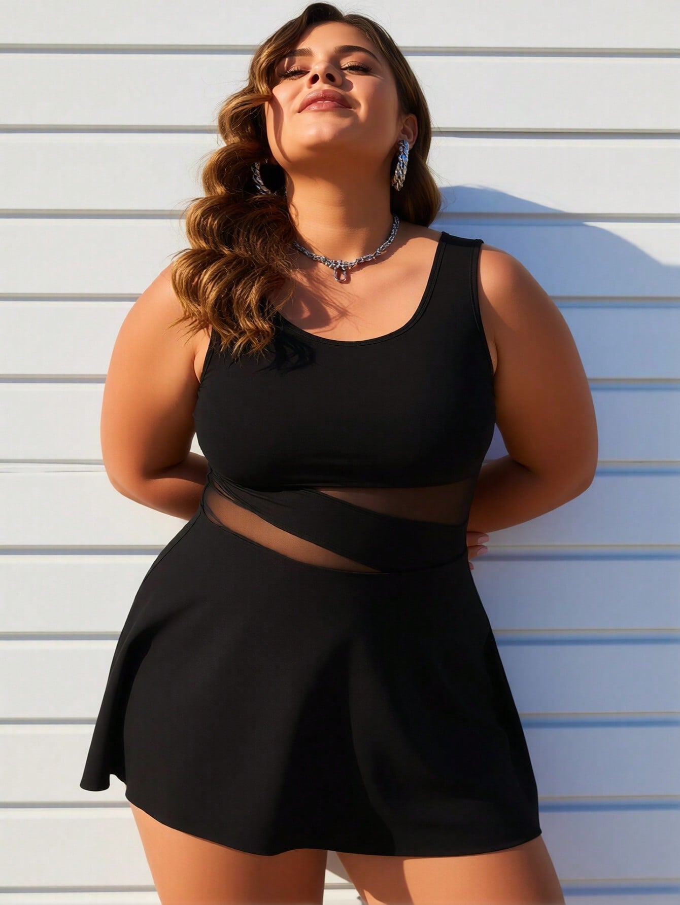 2026 New Women's Plus Size Swimdress: Black with Sheer Mesh Cutout Waist and Flared Skirt