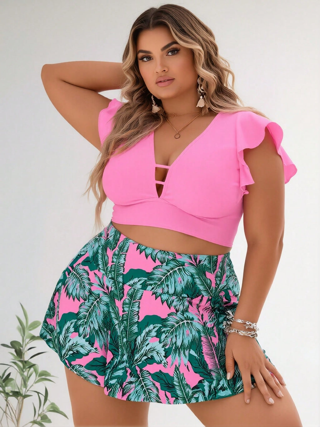 2026 New Women's Plus Size Two-Piece Swimsuit: Hot Pink Ruffled Crop Top with Cutout + Tropical Palm Print Skirted Bottom