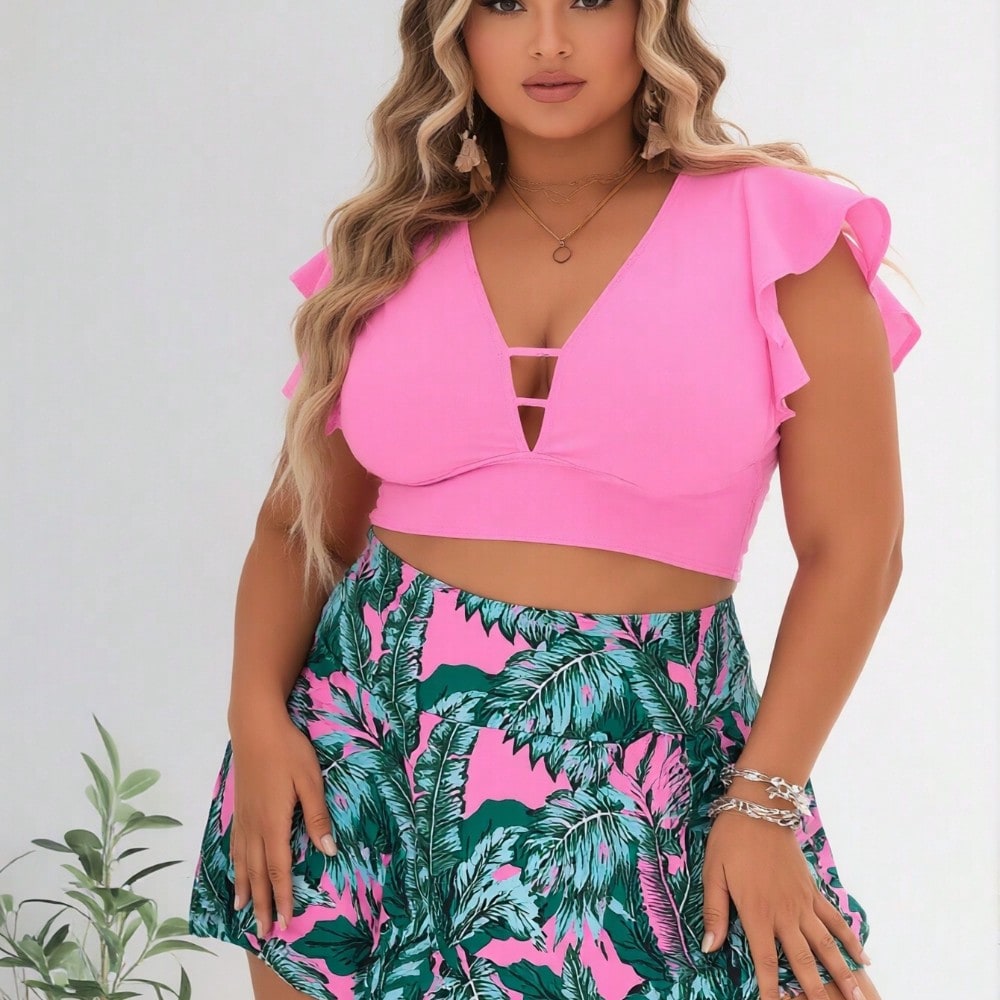 2026 New Women's Plus Size Two-Piece Swimsuit: Hot Pink Ruffled Crop Top with Cutout + Tropical Palm Print Skirted Bottom