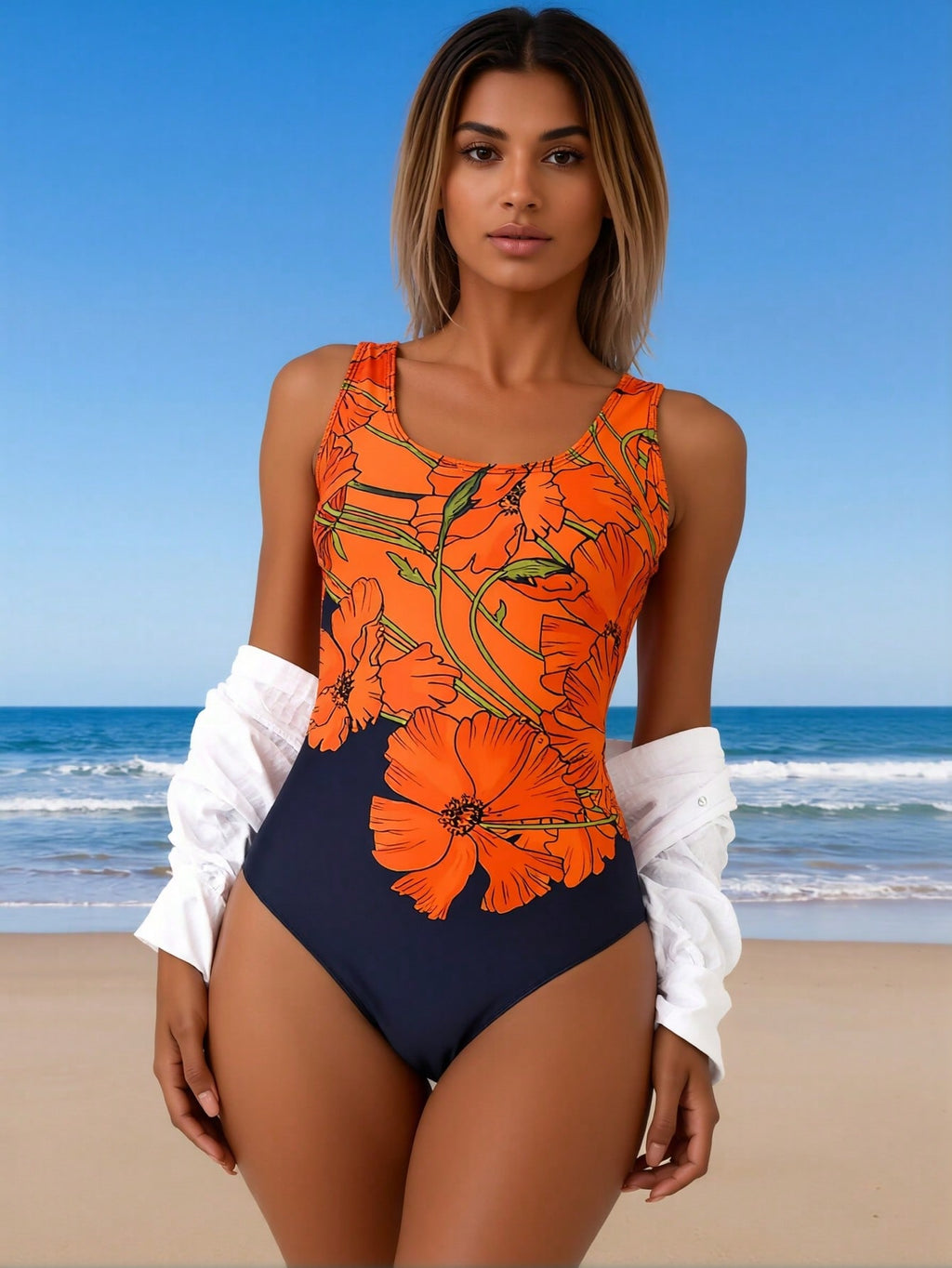 2026 New Women's One-Piece Swimsuit: Navy Blue Base with Bold Orange Poppy Floral Print