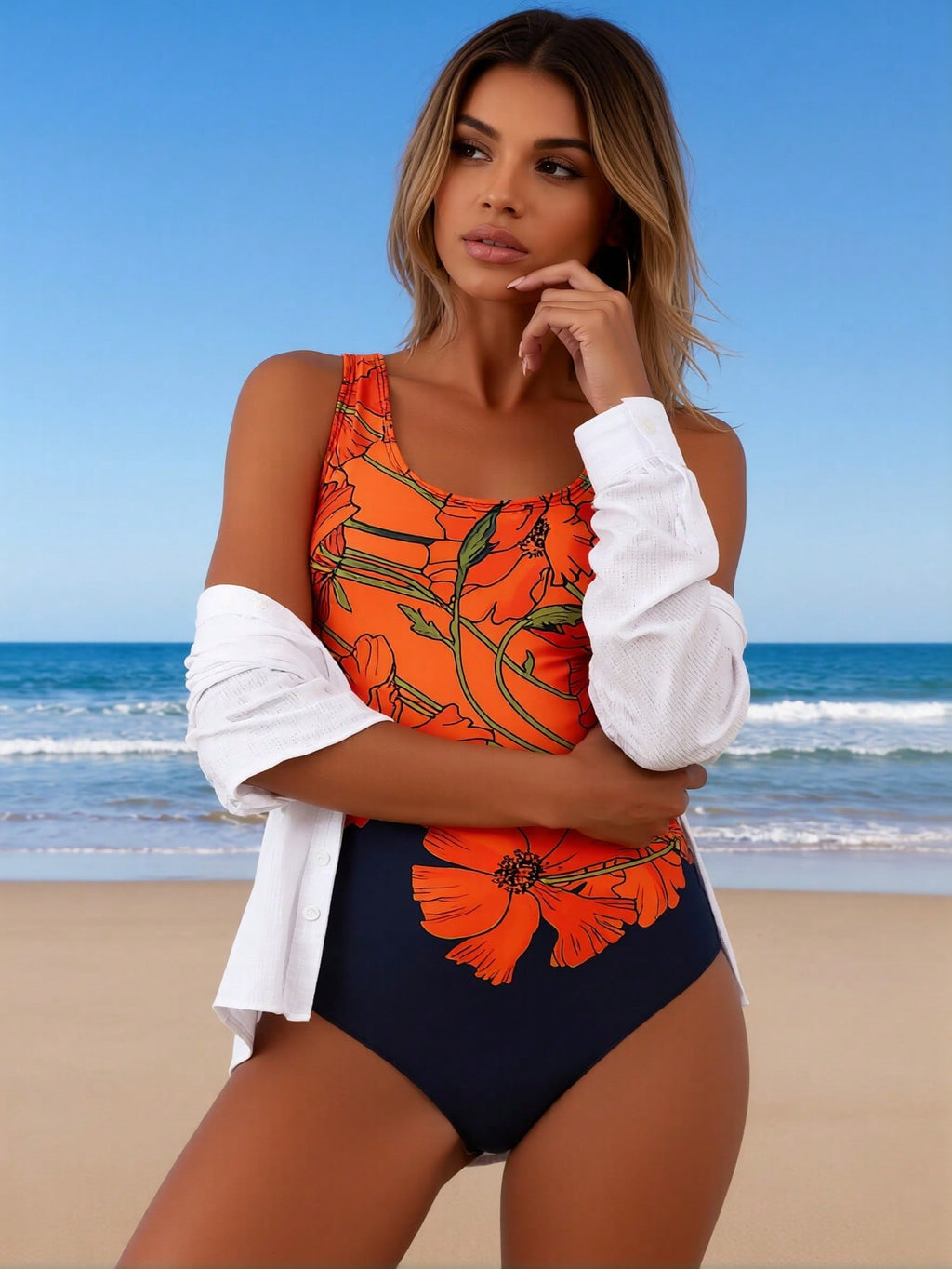2026 New Women's One-Piece Swimsuit: Navy Blue Base with Bold Orange Poppy Floral Print