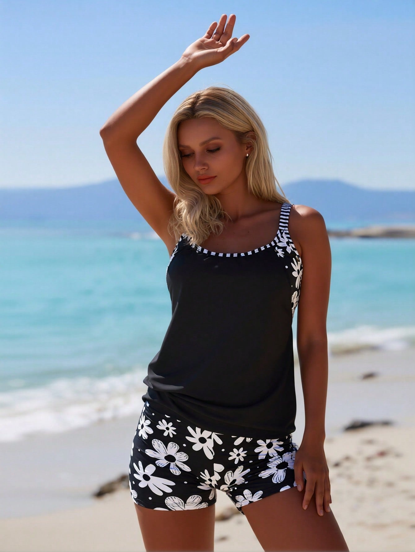 2026 New Women's Sexy Fashion Black Base & White Floral Patchwork Tummy-Control Two-Piece Boyleg Swimsuit for Vacation & Leisure Swimwear