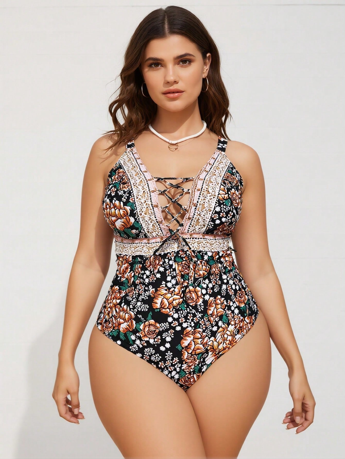 2026 New Women's Plus Size One-Piece Swimsuit: Black Floral Print With Lace Trim And Lace-Up Front