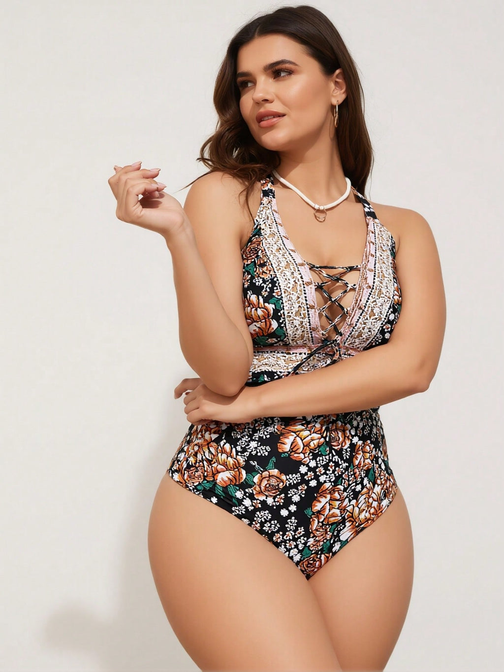 2026 New Women's Plus Size One-Piece Swimsuit: Black Floral Print With Lace Trim And Lace-Up Front