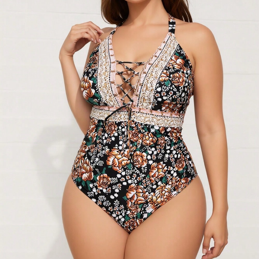 2026 New Women's Plus Size One-Piece Swimsuit: Black Floral Print With Lace Trim And Lace-Up Front