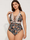 2026 New Women's Plus Size One-Piece Swimsuit: Black Floral Print With Lace Trim And Lace-Up Front