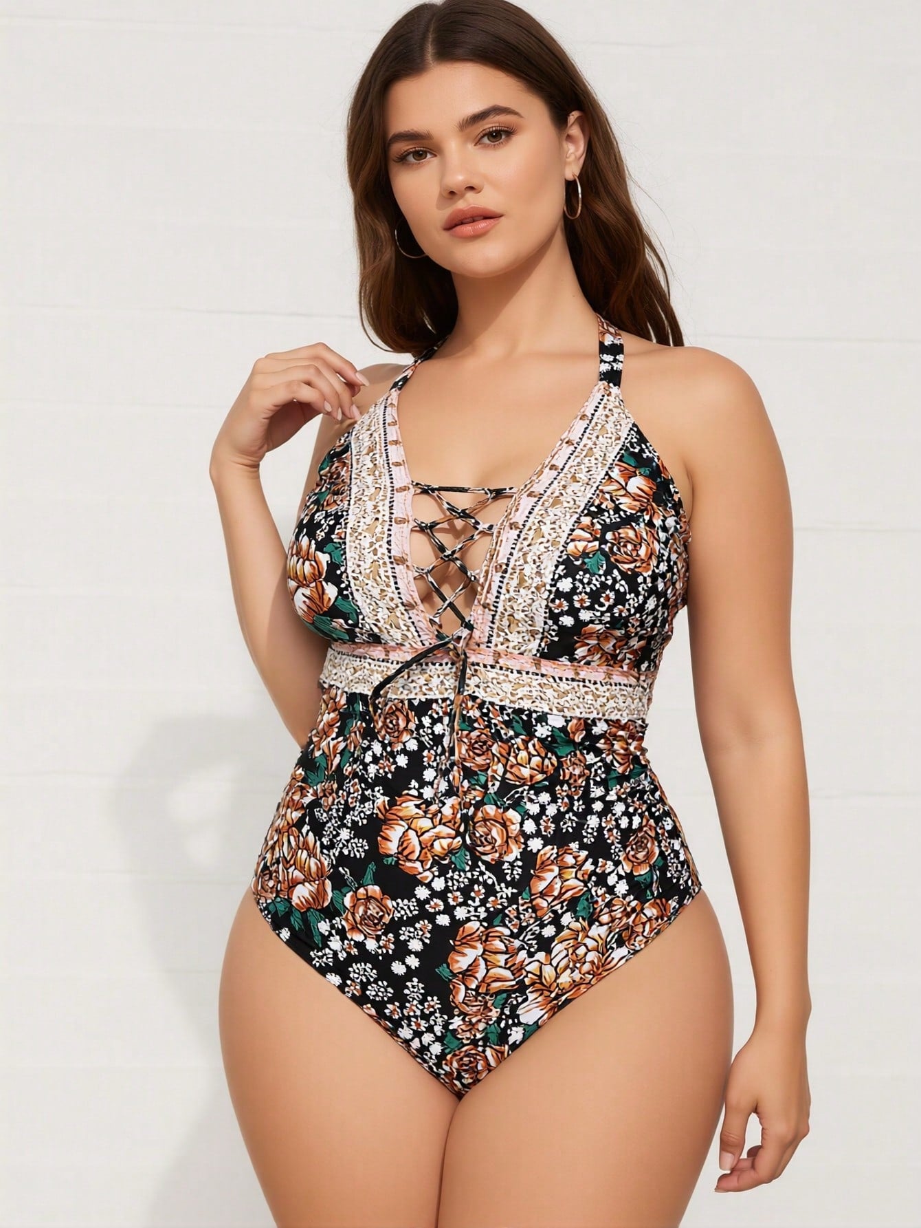2026 New Women's Plus Size One-Piece Swimsuit: Black Floral Print With Lace Trim And Lace-Up Front