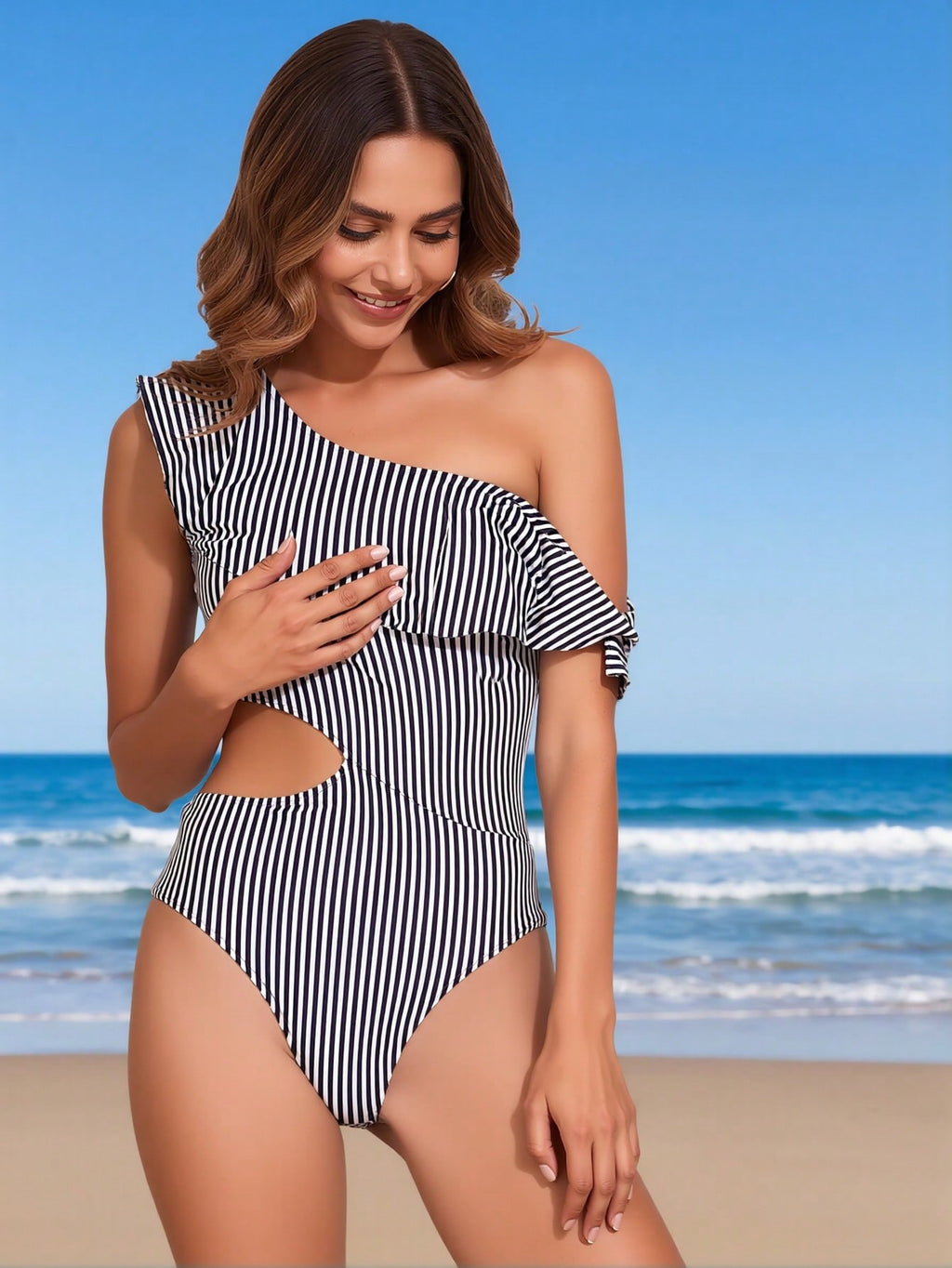 2026 New Women's One-Piece Swimsuit: Black & White Striped One-Shoulder With Ruffle Detail And Side Cutout