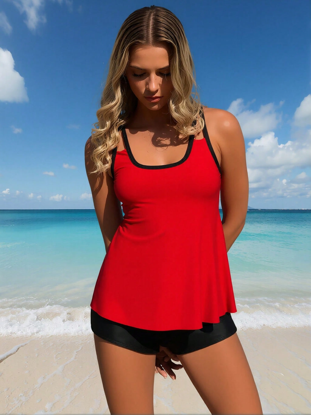 2026 New Women's Tankini: Red & Black Contrast Thin Strap Tank with Black Boyleg Bottoms