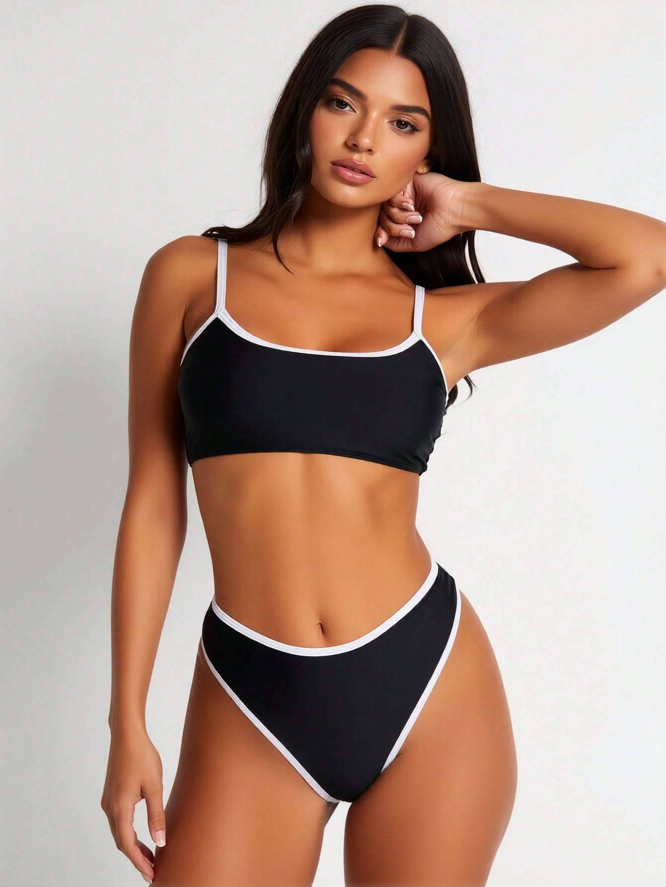 2026 New Women's Bikini: Black & White Contrast Thin Strap Bra Top With High-Cut Bottoms