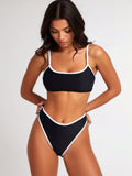 2026 New Women's Bikini: Black & White Contrast Thin Strap Bra Top With High-Cut Bottoms
