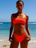 2026 New Women's Bikini: Neon Orange Textured Bandeau Top with High-Cut Bottoms