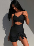 2026 New Women's Swimsuit Set: Black Twist Cutout One-Piece With Tie-Front Skirted Bottoms