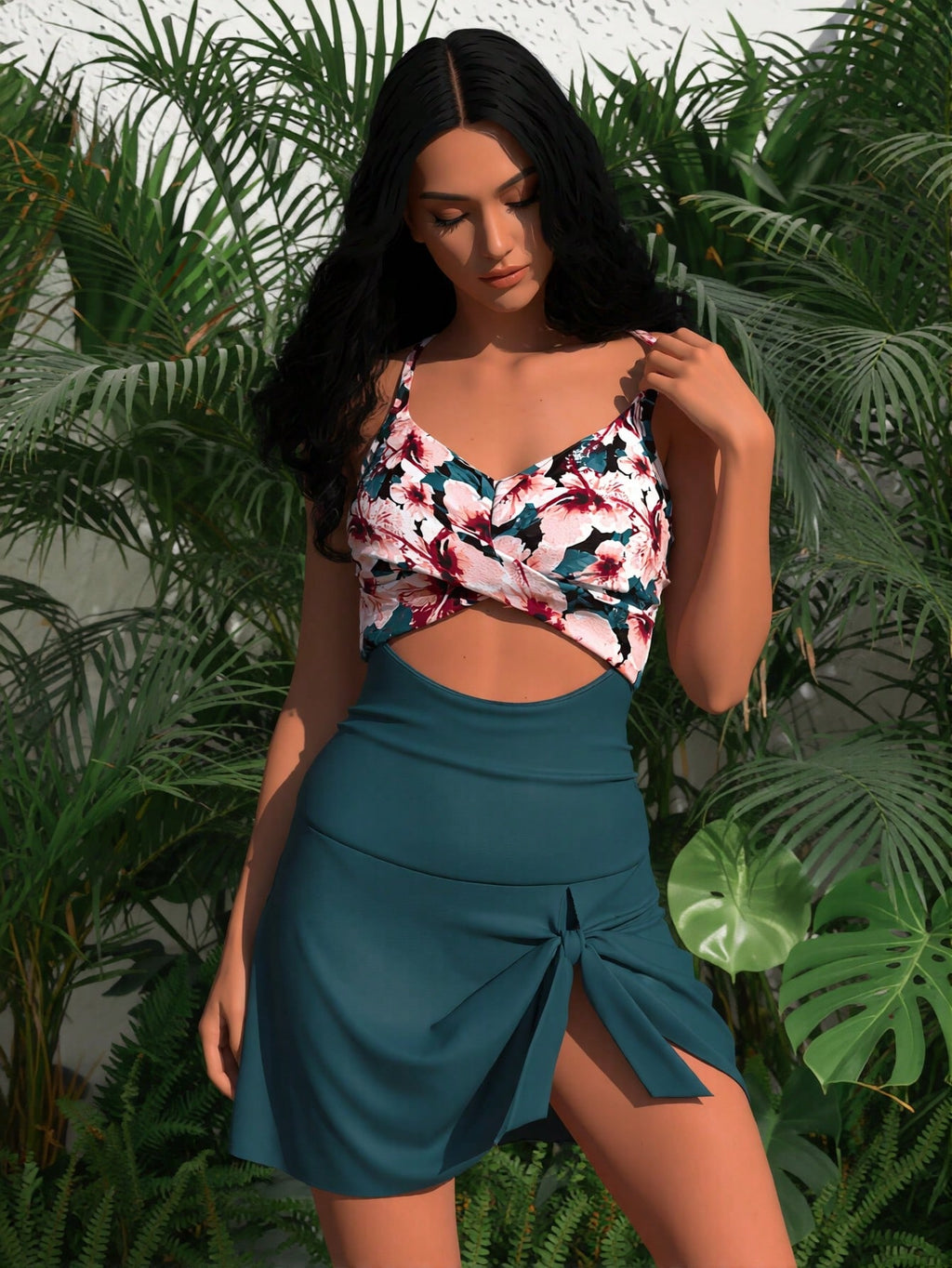 2026 New Women's Swimsuit Set: Contrast Floral Print Twist Halter Cutout One-Piece With Tie-Front Skirted Bottoms