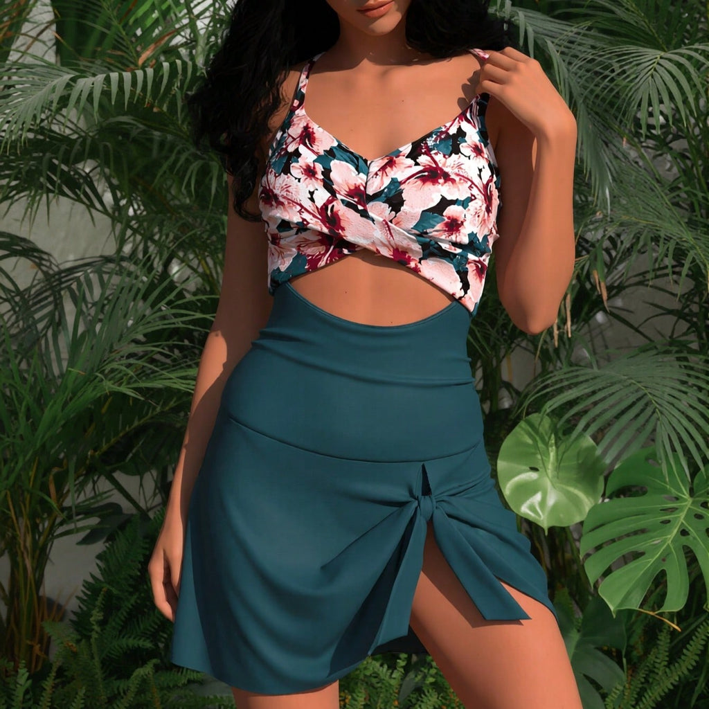 2026 New Women's Swimsuit Set: Contrast Floral Print Twist Halter Cutout One-Piece With Tie-Front Skirted Bottoms