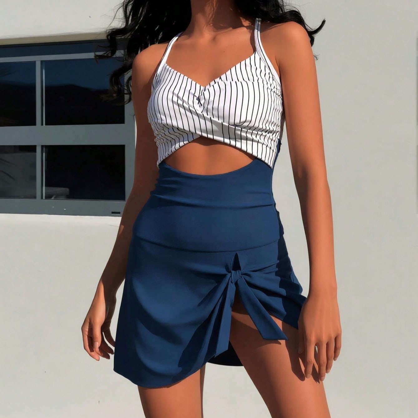 2026 New Women's Swimsuit Set: Black & White Stripe Twist Halter Cutout One-Piece With Navy Tie-Front Skirted Bottoms