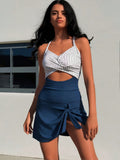 2026 New Women's Swimsuit Set: Black & White Stripe Twist Halter Cutout One-Piece With Navy Tie-Front Skirted Bottoms