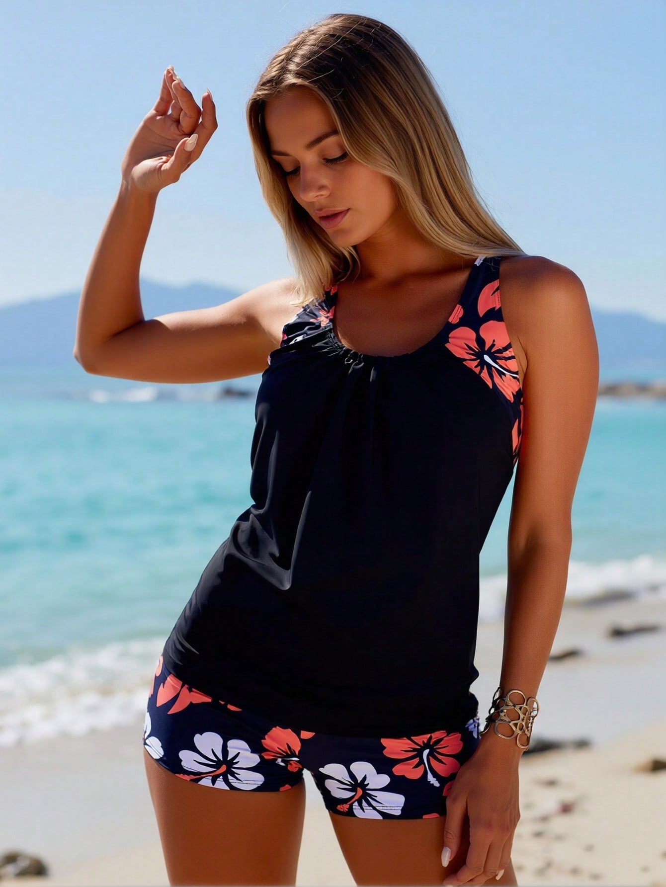 2026 New Women's Tankini: Black with Tropical Floral Print Tank Top and Boyleg Bottoms