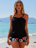 2026 New Women's Tankini: Black with Tropical Floral Print Tank Top and Boyleg Bottoms