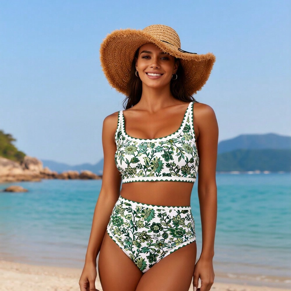 2026 New Women's Sexy Fashion Green Leaf & White Floral & Wave Trim High-Waist Two-Piece Bikini For Vacation & Leisure Swimwear
