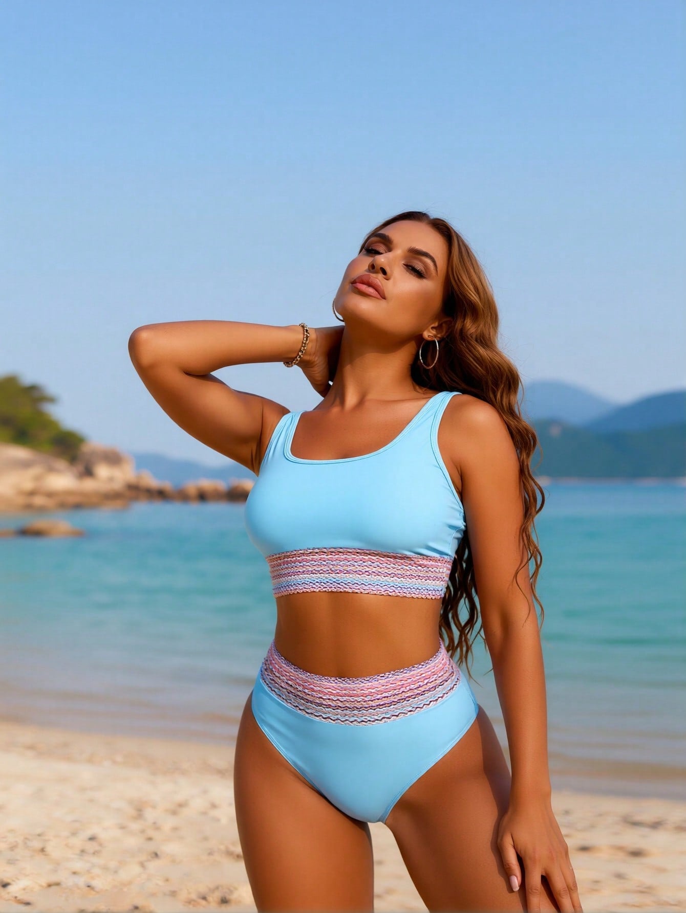 2026 New Women's Sexy Fashion Light Blue & Colorful Stripe Patchwork High-Waist Two-Piece Bikini for Vacation & Leisure Swimwear