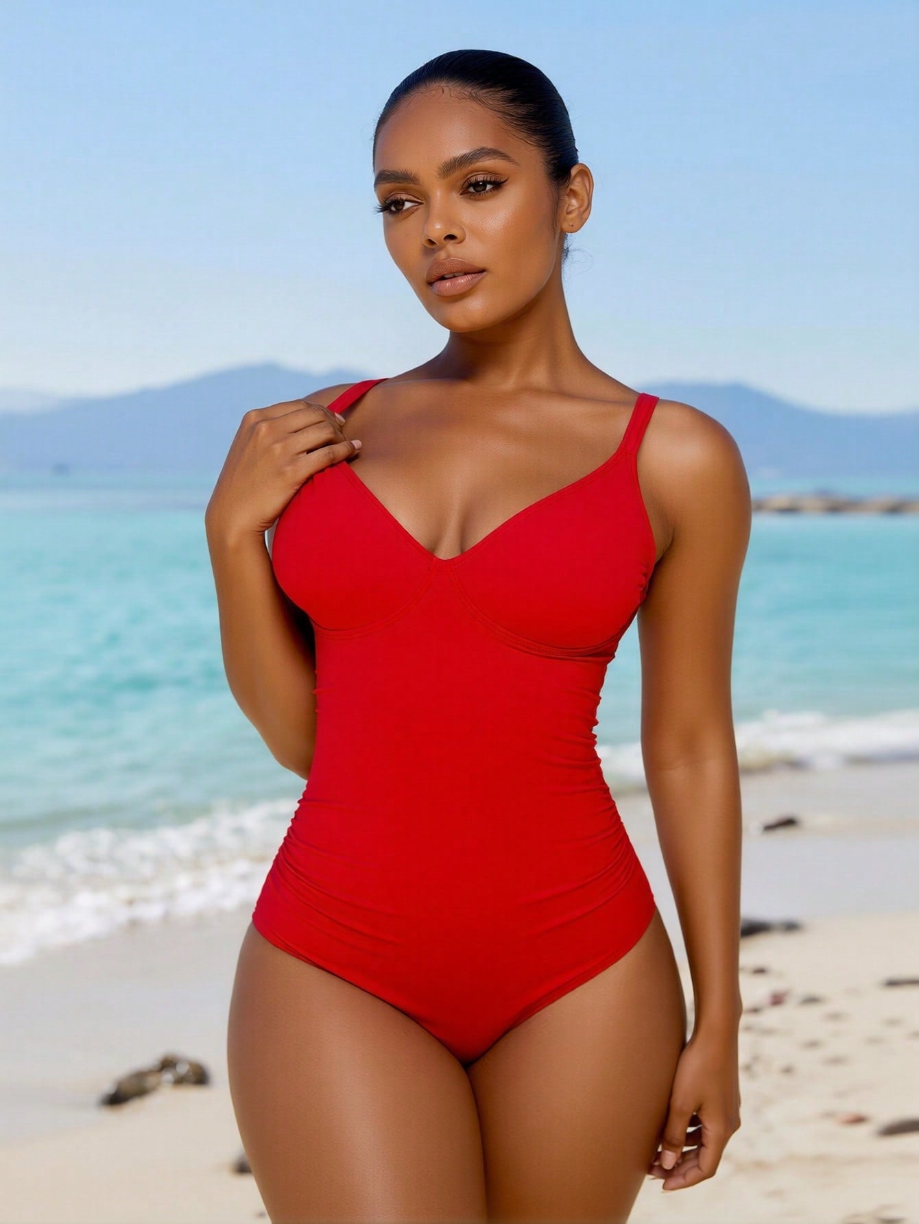 2026 New Women's One-Piece Swimsuit: Vibrant Red With Deep V-Neck, Ruched Tummy Control And Thin Shoulder Straps