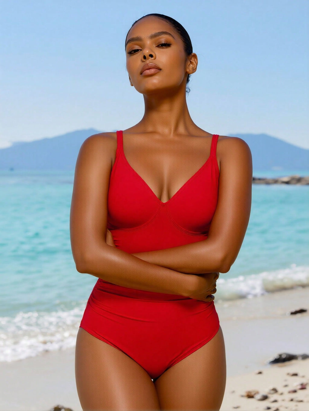 2026 New Women's One-Piece Swimsuit: Vibrant Red With Deep V-Neck, Ruched Tummy Control And Thin Shoulder Straps
