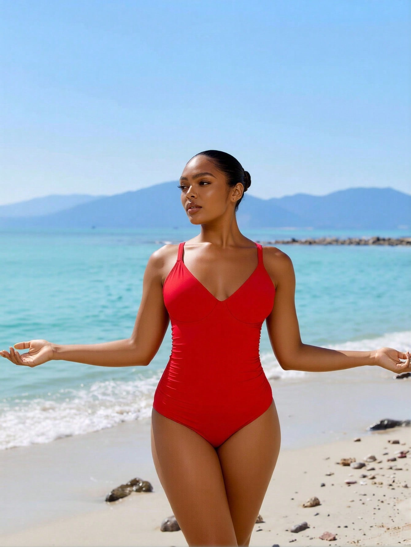 2026 New Women's One-Piece Swimsuit: Vibrant Red With Deep V-Neck, Ruched Tummy Control And Thin Shoulder Straps