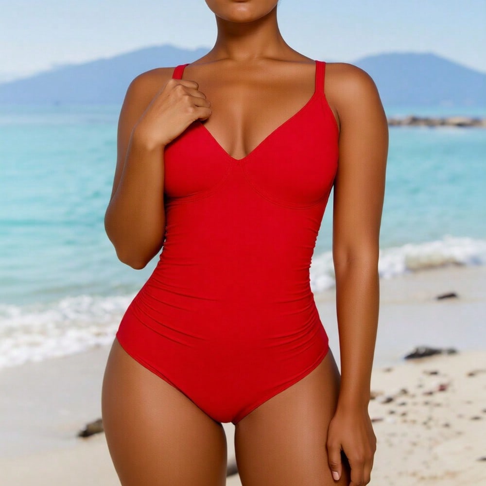 2026 New Women's One-Piece Swimsuit: Vibrant Red With Deep V-Neck, Ruched Tummy Control And Thin Shoulder Straps