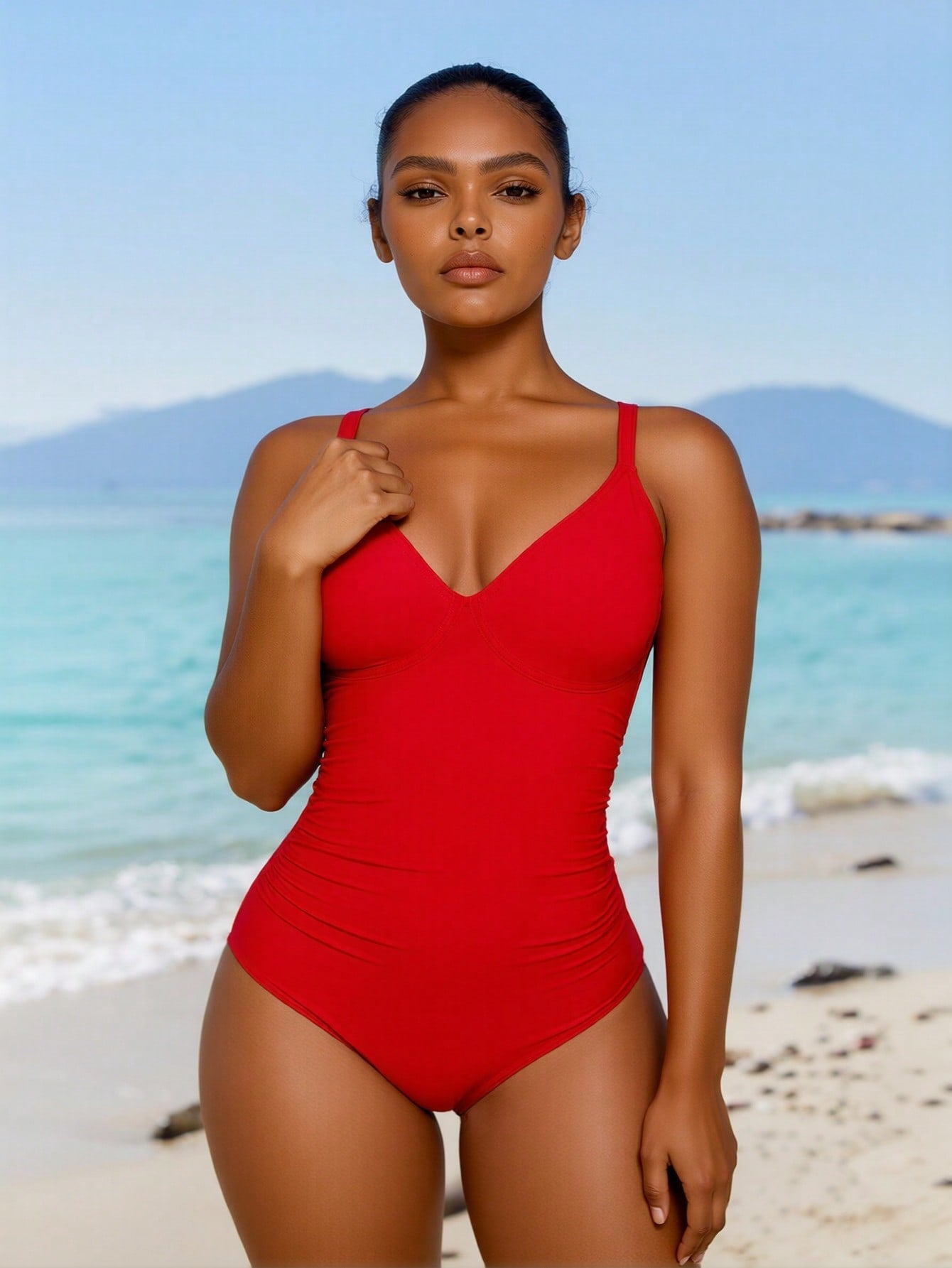 2026 New Women's One-Piece Swimsuit: Vibrant Red With Deep V-Neck, Ruched Tummy Control And Thin Shoulder Straps