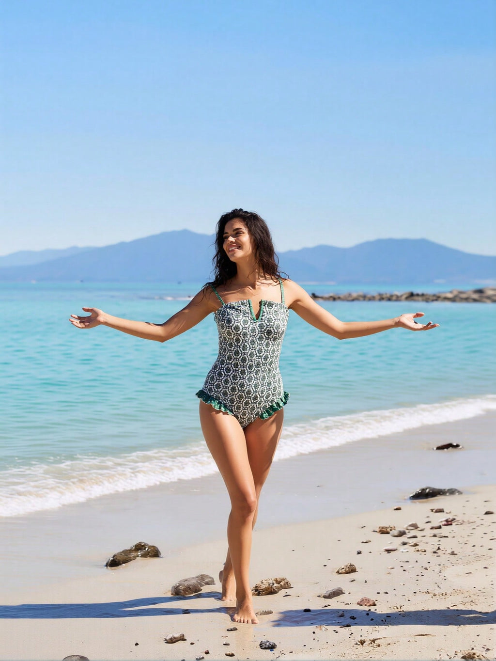 2026 New Women's One-Piece Swimsuit: Green Geometric Print With Ruffled Hem Detail, V-Wire Accent And Ruched Tummy Control