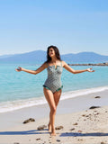 2026 New Women's One-Piece Swimsuit: Green Geometric Print With Ruffled Hem Detail, V-Wire Accent And Ruched Tummy Control