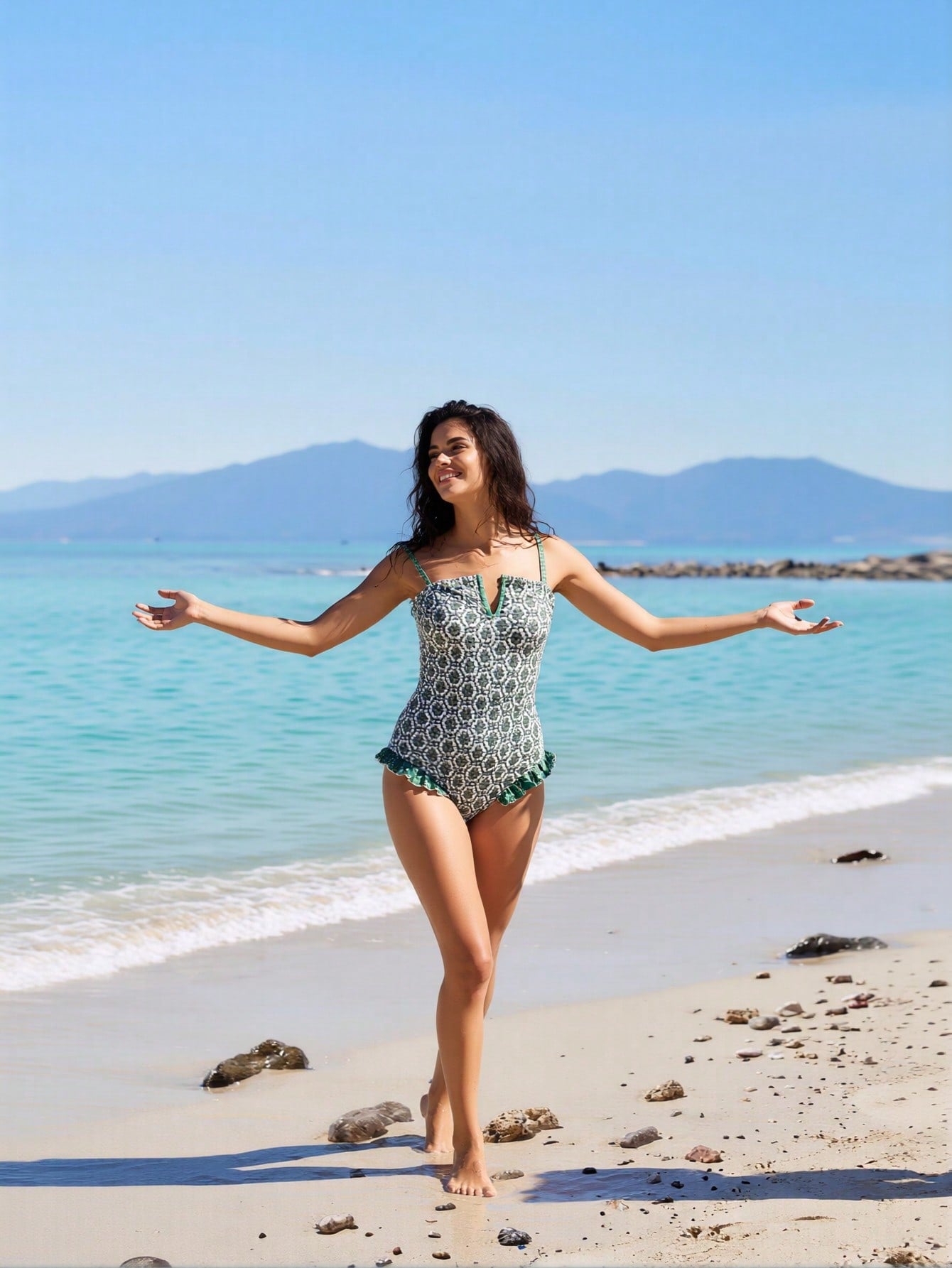 2026 New Women's One-Piece Swimsuit: Green Geometric Print With Ruffled Hem Detail, V-Wire Accent And Ruched Tummy Control