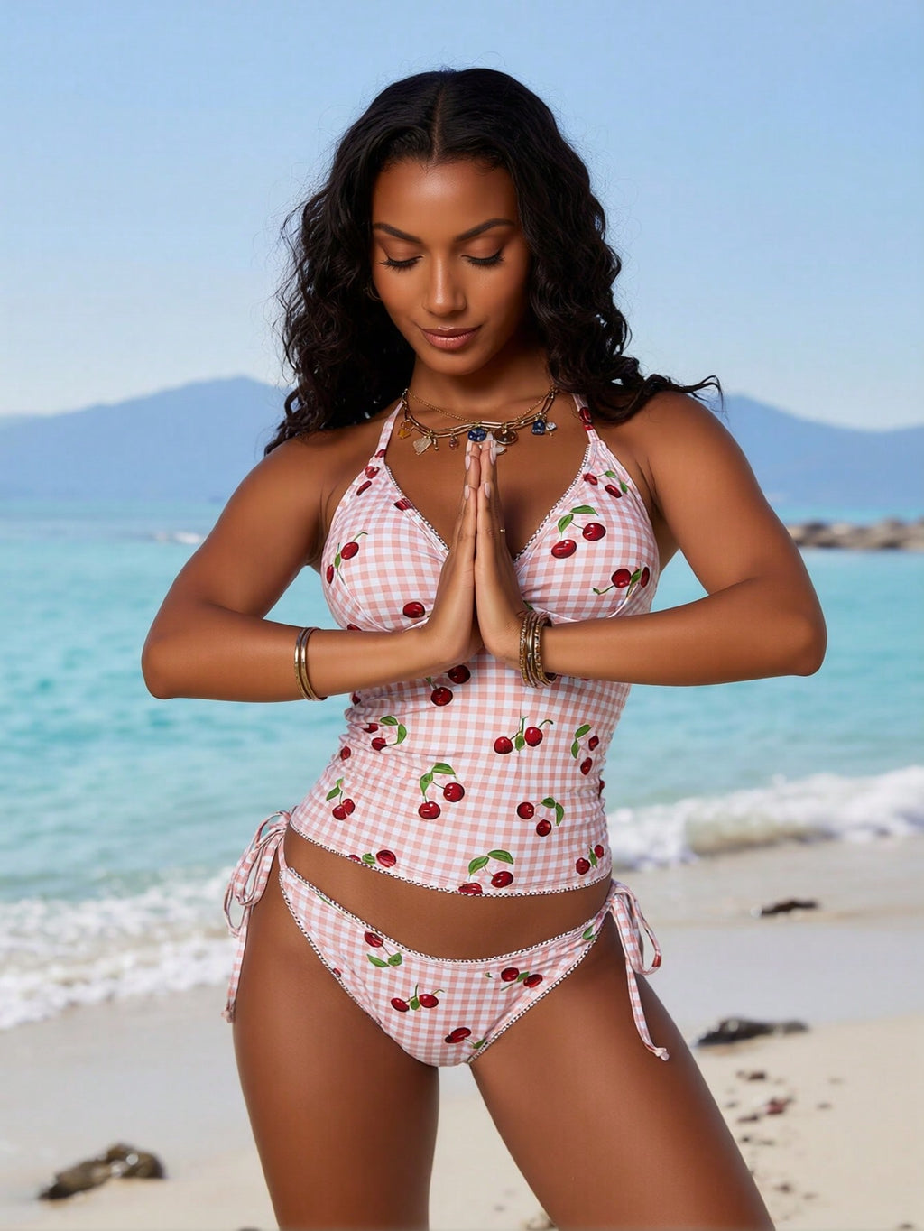 2026 New Women's Sexy Fashion Pink Gingham & Cherry Print Halter Two-Piece Swimsuit for Vacation & Leisure