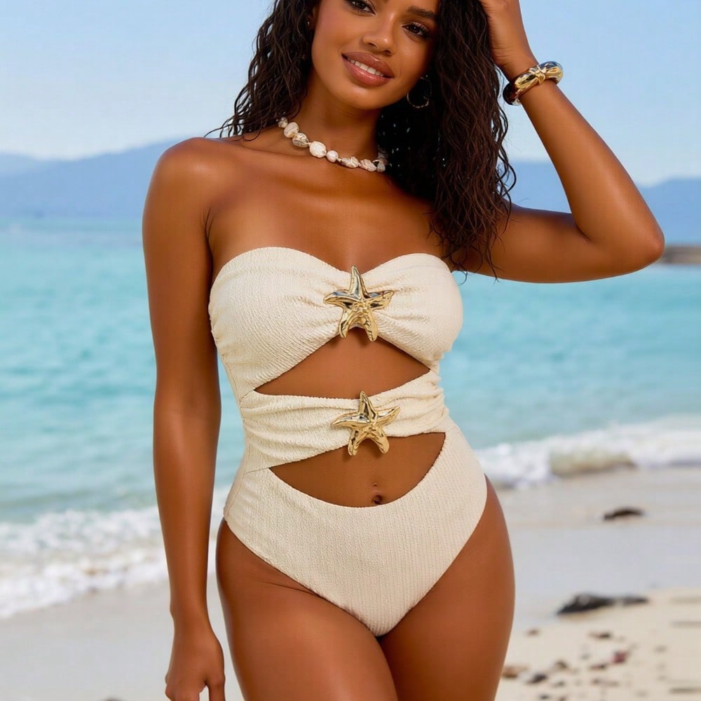2026 Women's Luxe One-Piece: Cream Textured Bandeau With Gold Starfish Hardware And Double Cutout Detail