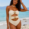 2026 Women's Luxe One-Piece: Cream Textured Bandeau With Gold Starfish Hardware And Double Cutout Detail