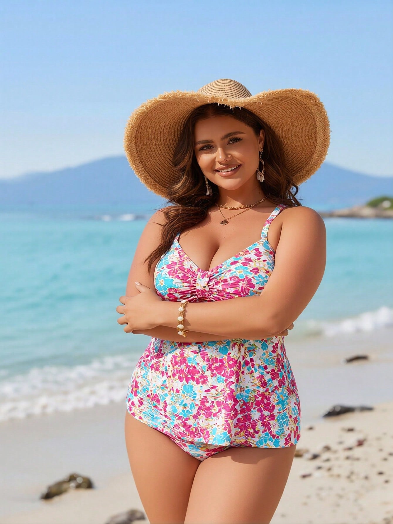 2026 New Plus Size Women's Sexy Fashion Colorful Floral Twist One-Piece Boyleg Swimsuit for Vacation & Leisure