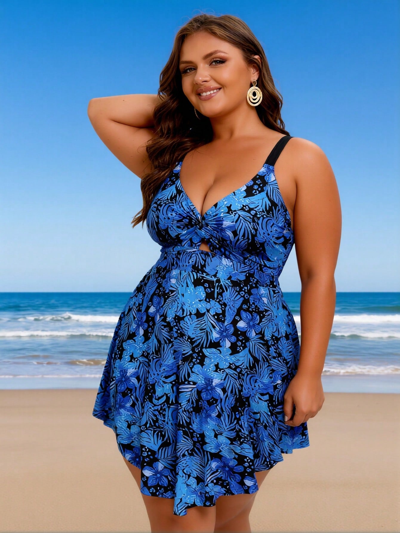 2026 New Plus Size Women's Sexy Fashion Blue-Black Botanical Print Twist One-Piece Swimdress For Vacation & Leisure
