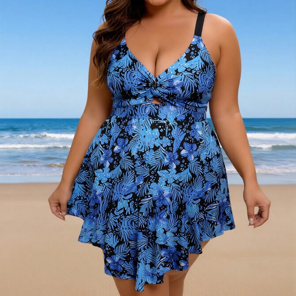 2026 New Plus Size Women's Sexy Fashion Blue-Black Botanical Print Twist One-Piece Swimdress For Vacation & Leisure