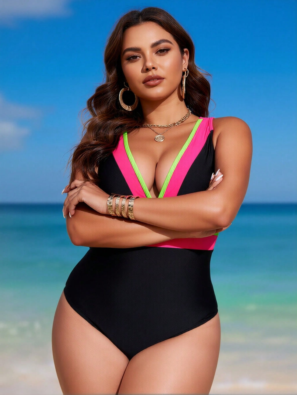 2026 New Plus Size Women's Sexy Fashion Black & Fluorescent Pink-Green V-Neck One-Piece Swimsuit for Vacation & Leisure
