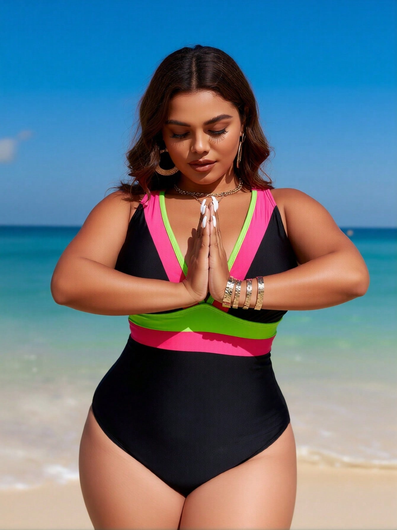 2026 New Plus Size Women's Sexy Fashion Black & Fluorescent Pink-Green V-Neck One-Piece Swimsuit for Vacation & Leisure