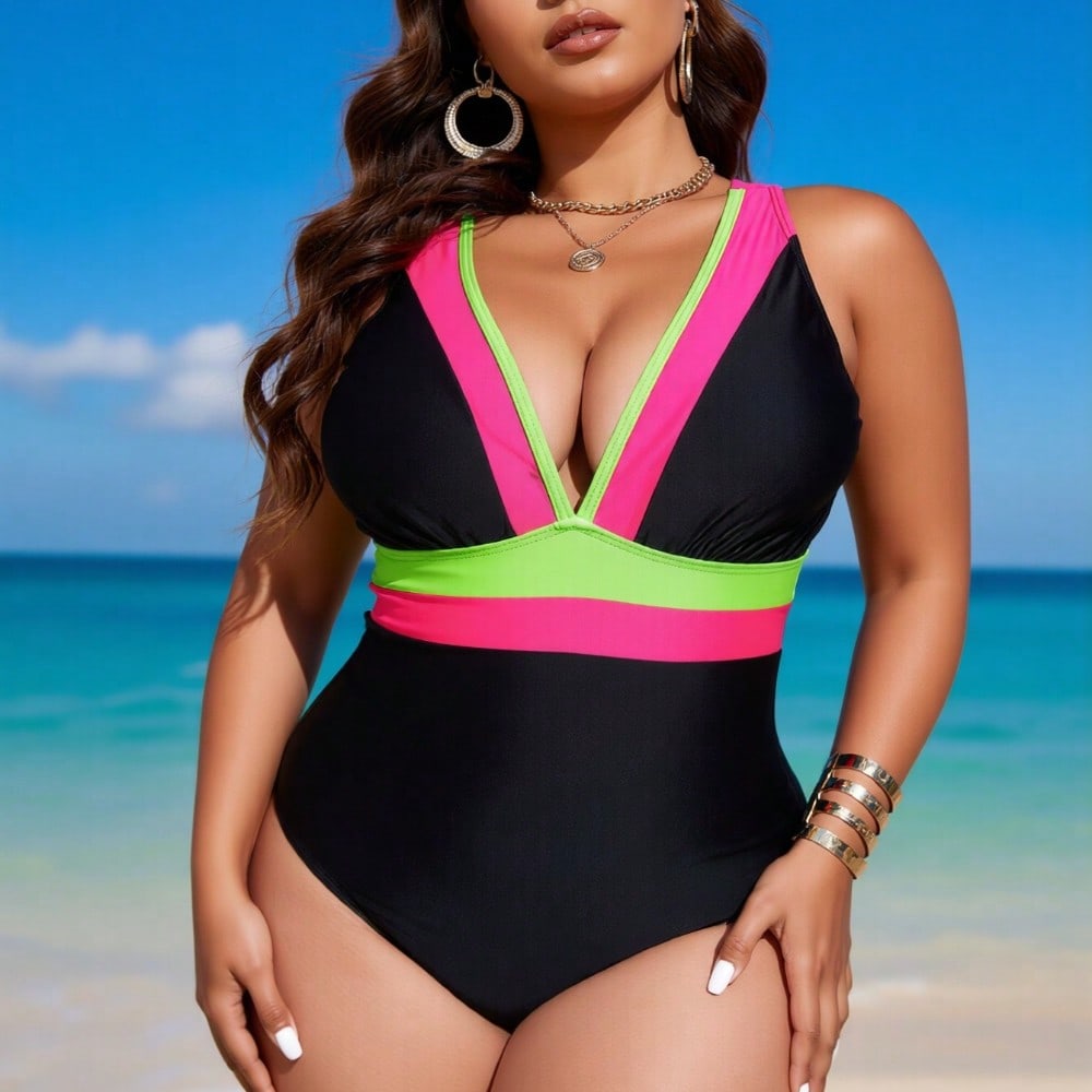 2026 New Plus Size Women's Sexy Fashion Black & Fluorescent Pink-Green V-Neck One-Piece Swimsuit for Vacation & Leisure
