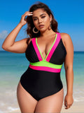 2026 New Plus Size Women's Sexy Fashion Black & Fluorescent Pink-Green V-Neck One-Piece Swimsuit for Vacation & Leisure