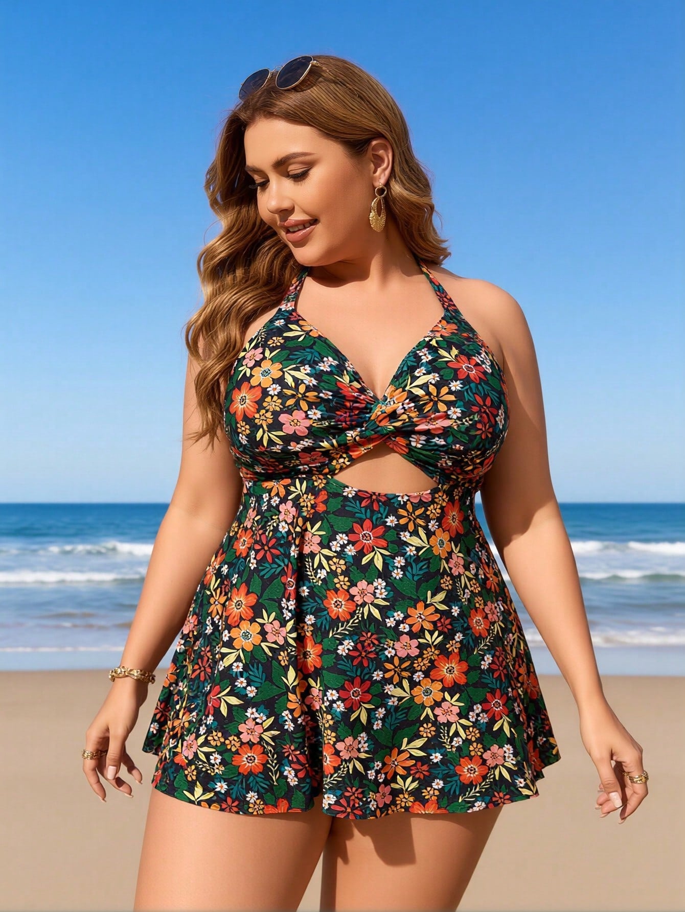 2026 New Plus Size Women's Sexy Fashion Vintage Floral Halter Twist One-Piece Swimdress For Vacation & Leisure