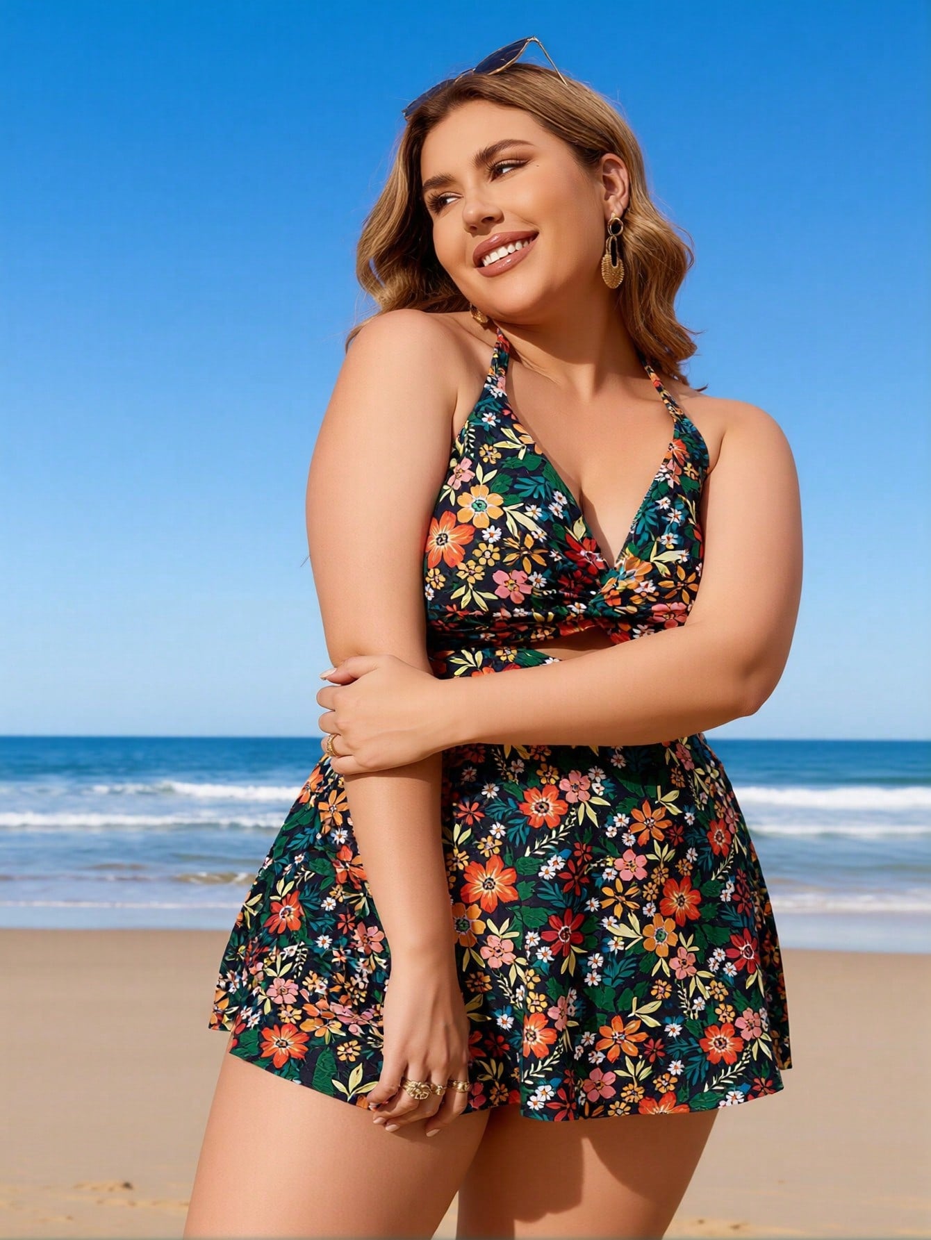 2026 New Plus Size Women's Sexy Fashion Vintage Floral Halter Twist One-Piece Swimdress For Vacation & Leisure
